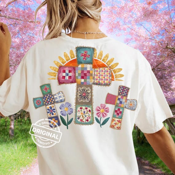 Cottagecore Patchwork Cross PNG, Christian Faith Floral Quilt Style, Easter Spring Digital Download Art
