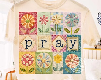 Cottagecore Faith Pray PNG: Patchwork Quilt with Flowers (Digital Download)