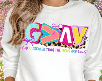 God Is Greater Than the Highs and Lows PNG, Preppy Christian Graphic, Neon Retro Faith
