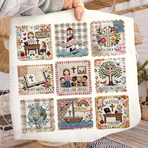 Puede incluir: Un cuadrado de tela blanca con nueve parches bordados con temas religiosos. Cada parche incluye imágenes de cruces, versículos bíblicos y frases inspiradoras como "Jesús es la luz" y "Fe sobre el miedo".