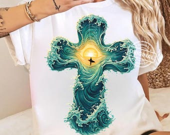 Ocean Wave Cross Christian Shirt PNG | Faith Surf Art Design | Inspirational Coastal Cross