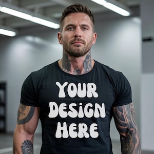 Bella Canvas 3001 T-Shirt Mockup | Camisa preta masculina, PNG Digital Instant Download para lojas online e impressão sob demanda