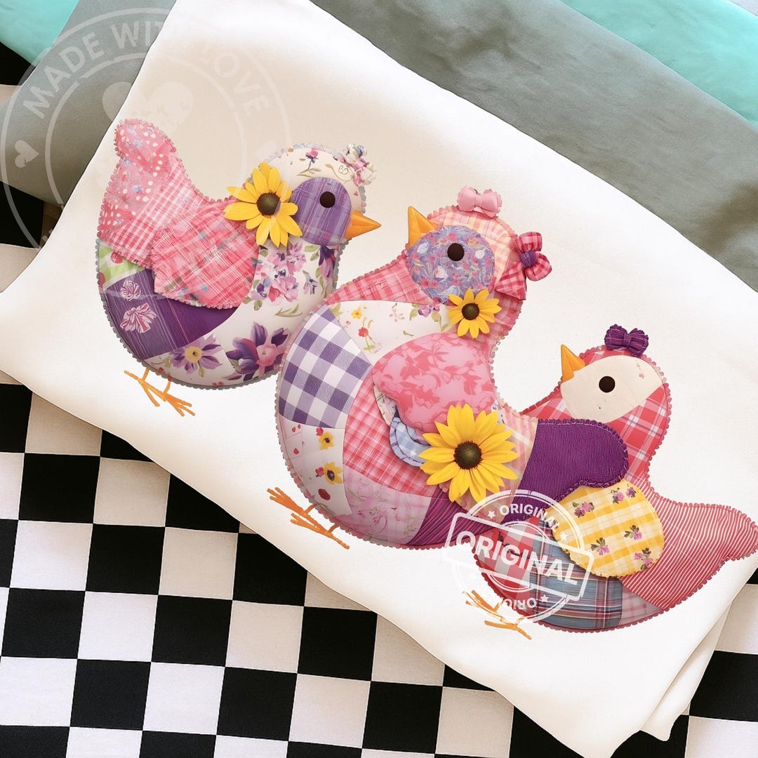 Patchwork Easter Chicks PNG, Cottagecore Spring Quilt Birds, Floral Bow ...