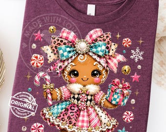 Preppy Gingerbread Girl Christmas PNG, Pink Leopard Bow Sublimation, Holiday Clipart, Digital Download Design
