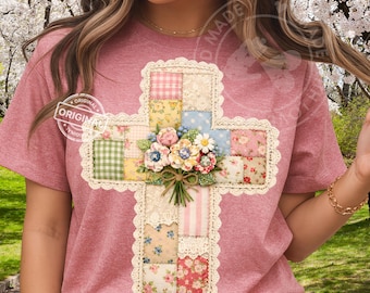 Cottagecore Patchwork Cross PNG, Lace Floral Quilt, Christian Easter Faith Clipart Design