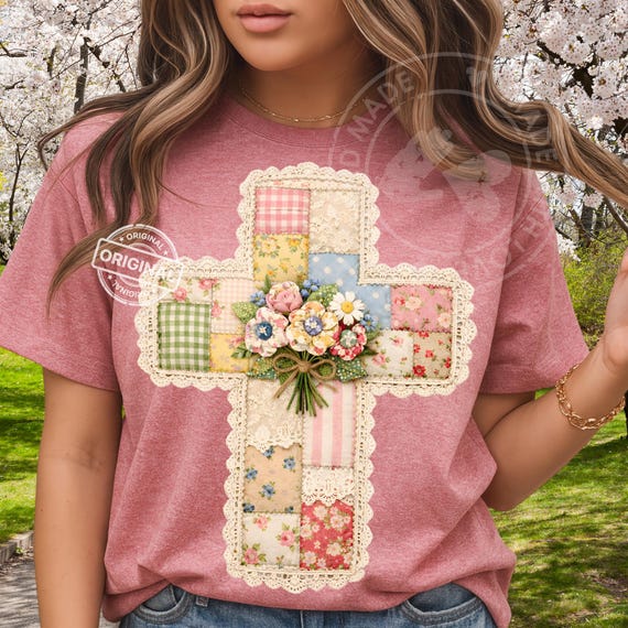 Cottagecore Patchwork Cross PNG, Lace Floral Quilt, Christian Easter Faith Clipart Design