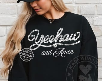 Yeehaw y Amén PNG, cita cristiana con letras de cuerda del oeste, descarga digital de frases campestres de fe vaquera, arte rústico de versículos bíblicos de rodeo