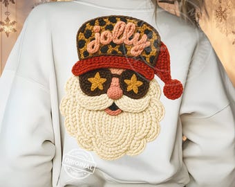 Retro Joy Santa PNG, virkad textur jul Clipart, mysigt garn jultomteansikte, 3D-broderistil juldesign