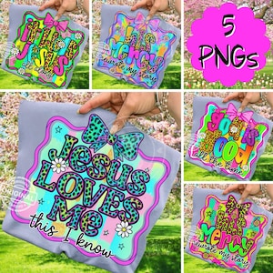 May include: A collection of five PNG digital designs featuring colorful text and bow accents. The designs include phrases like "Jesus Loves Me," "His Mercy," and "So Good All the Time." Each design has a unique color scheme and font style.