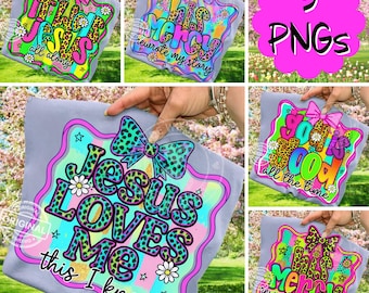 Jesus älskar mig tro PNG-paket, färgglad preppy neon leopard rosett kristen citat sublimering