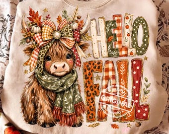 Highland Cow PNG, Hello Fall, Preppy Autumn Bow Sublimation Design, Rustic Boho Shirt Clipart