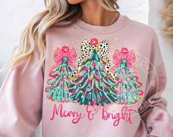 Nyckfulla julgranar PNG med rosa rosetter och leopardmönsterrosett, digital nedladdning för festlig högtid, sublimering av glada och ljusa clipart