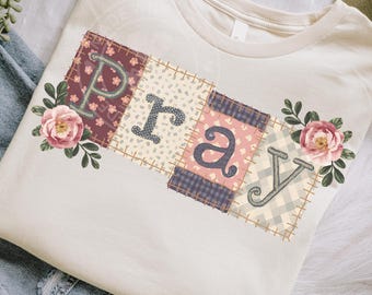 Cottagecore Pray Quilt Patchwork PNG: Boho Christian Sublimation Clipart