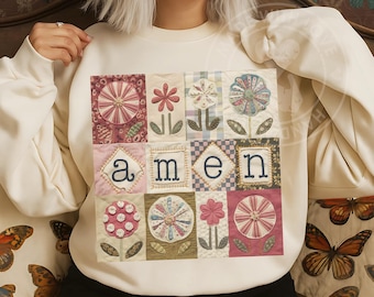 Cottagecore Faith Amen PNG: Patchwork Quilt with Flowers (Digital Download)