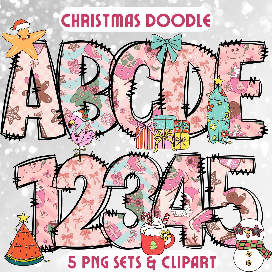 Pastel Christmas Doodle Alphabet PNG: Holiday Clipart Set (digital ...