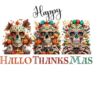 Happy Hallothanksmas sugar skull png, day of the dead clipart, fall png, Halloween png, Christmas png, Thanksgiving png, skull clip art