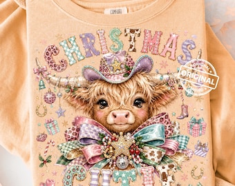 Christmas Highland Cow Cutie PNG, Western Cowgirl, Pastel Bow Sublimation Shirt Design, Festive Printable