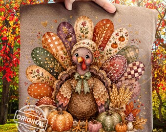 Whimsical Fall Turkey PNG, Patchwork Watercolor Thanksgiving Clipart, Autumn Harvest Pumpkin Sublimation Shirt Design