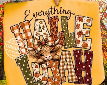 Everything Hallelujah, Fall Highland Cow PNG, Autumn Christian Shirt Sublimation, Rustic Leopard Gingham Design