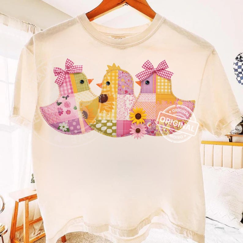 Patchwork Easter Chicks PNG, Cottagecore Spring Quilt Birds, Floral Bow ...