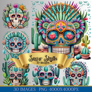 Dia de los muertos clipart bundle png, 30 images, sugar skull digital art, day of the dead png, hispanic heritage month, watercolor style