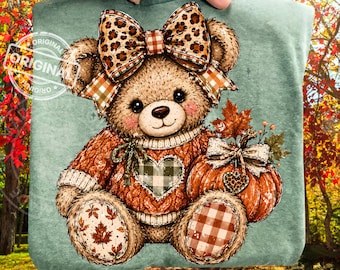 Fall Teddy Bear PNG, Preppy Pumpkin, Leopard Bow, Gingham Sublimation, Rustic Autumn Clipart Design
