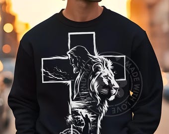 Christian Lion of Judah Cross PNG | Jesus Face & Crucifix Illustration | Faith-Based Religious Clipart