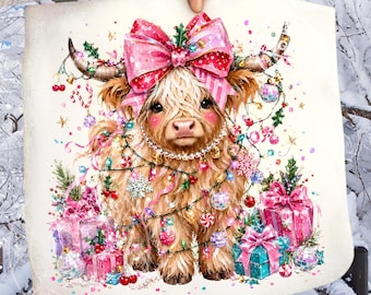 Christmas Highland Cow PNG, Pink Bow, Lights Gifts, Preppy Holiday Sublimation Design, Clipart Download