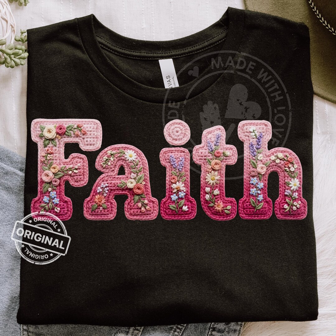 Pink Christian Pattern Crochet Faith Floral Christian PNG, Pink Yarn Lettering, Trendy Boho ...