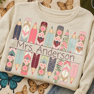 Personalized Teacher PNG: Pastel Floral Pencils, Coquette Style (Digital Download)