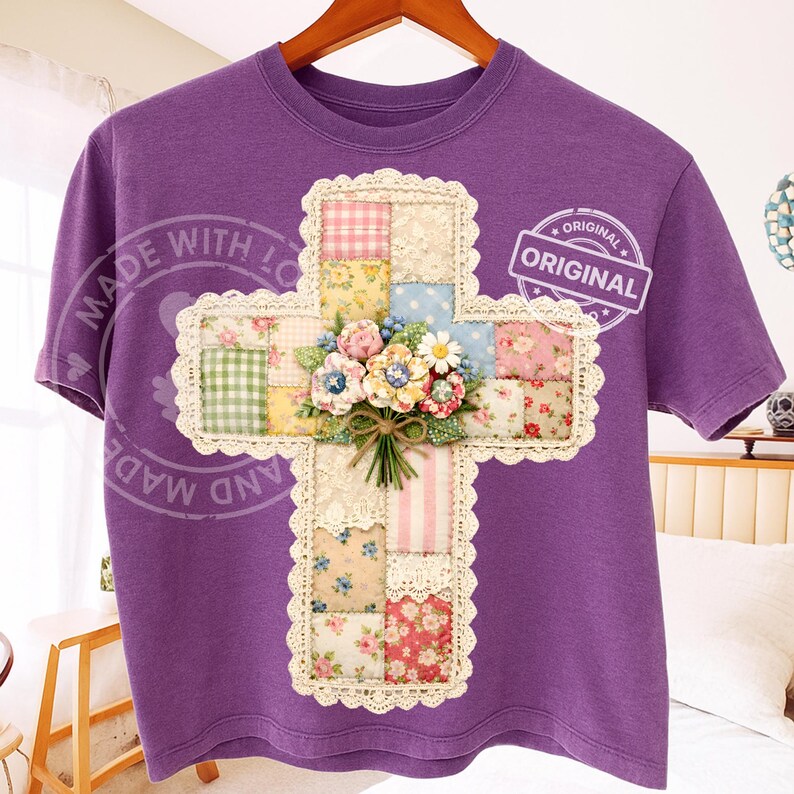 May include: A purple t-shirt featuring a cross design with a patchwork pattern in various colors and floral accents. The cross is trimmed with lace and adorned with a bouquet of flowers. The shirt has the text "MADE WITH LOVE" and "ORIGINAL".