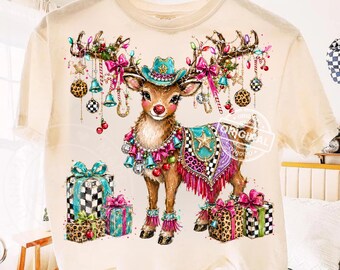 Western Christmas Reindeer PNG, Cowgirl Holiday Sublimation Design, Leopard Plaid Gifts, Turquoise Pink Bells