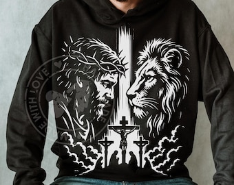 Christian PNG Lion of Judah and Jesus with Crown of Thorns Cross Calvary Crucifixion Religious Faith Illustration Spiritual Art Clipart