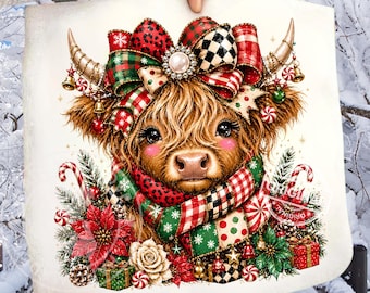 Christmas Highland Cow PNG, Preppy Maximalist Messy Brushstroke Sublimation, Festive Bow Holiday Digital Download