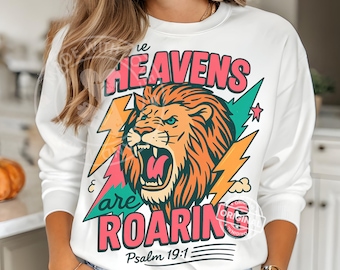 Boho Christian Bible Verse Illustration | Roaring Lion Psalm 19:1 PNG | Bold Retro Faith Graphic | Heavens Are Roaring Scripture Download