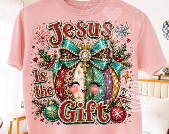 Jesus är gåvan till jul PNG, kristen kokett rosettprydnad, leopardpatchwork sublimeringsdesign