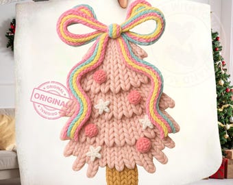 Pastellvirkad julgran PNG | Mjuk garntextur Jul Clipart | Rosa stickad regnbågsrosett