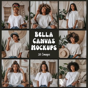 Bundle di mockup di magliette bianche afroamericane, mockup di maglietta nera da ragazza Bella Canvas 3001, mockup di maglietta da donna bianca, mockup di maglietta nera da donna Boho