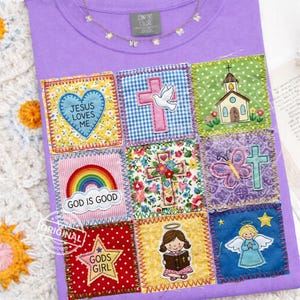 Faith Kids Patchwork Quilt PNG, kristen Jesus älskar mig, preppy religiös design för nedladdning av grafik