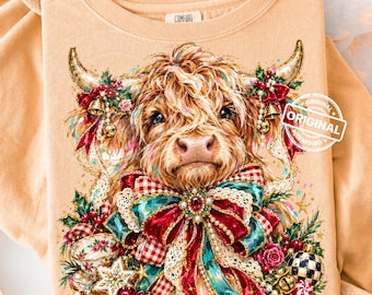 Christmas Highland Cow PNG, Festive Cottagecore Bow Sublimation Design, Preppy Western Holiday Shirt Download