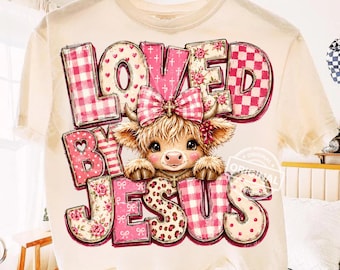 Loved By Jesus, Valentine PNG, Highland Cow, Christian Sublimation, Pink Gingham Leopard Boutique Design