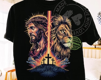 Christian Jesus & Lion Cross PNG • Bold Spiritual Artwork • Powerful Faith Design • Easter Calvary Scene