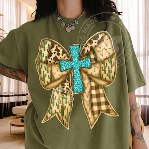 Western Christian Cross Bow PNG, Patchwork Cowhide Cactus Faith Sublimation Design, Rustic Turquoise Printable