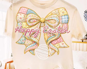 Joyeuses Pâques Patchwork Bow PNG, Cottagecore matelassé Pastel printemps Christian Holiday Design