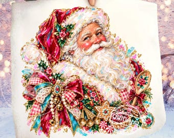 Vintage Santa Christmas PNG, Preppy Cottagecore Bow, Glitter Sublimation Design, Festive Holiday Shirt Clipart