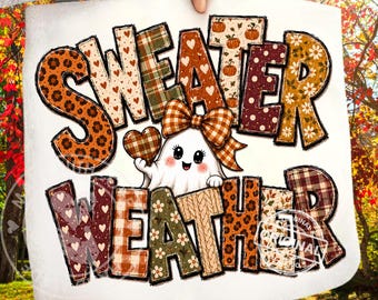 Sweater Weather Ghost PNG, Preppy Fall Leopard Plaid Autumn Shirt Sublimation Design, Digital Download