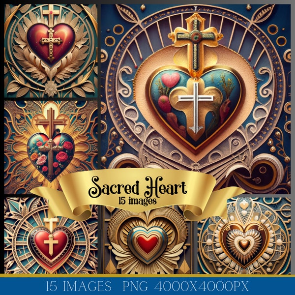 Sacred Heart of Jesus png, Christian digital art, Religious vintage digital wall art , instant download, 15 images