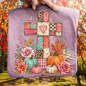 Fall Patchwork Cross PNG, Floral Pumpkin, Christian Autumn Faith Sublimation Design, Thanksgiving Shirt Graphic