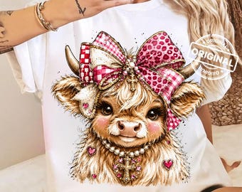 Christian Valentine Highland Cow PNG, Pink Leopard Bow, Faith Sublimation, Trendy Brushstroke Sketch Design