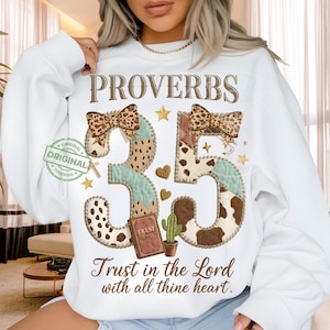 Proverbs 3:5, Western Patchwork Faith PNG, Trust the Lord, Christian Cowgirl Art, Leopard Bow
